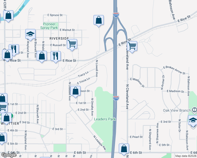 map of restaurants, bars, coffee shops, grocery stores, and more near 1104 North Lowell Avenue in Sioux Falls