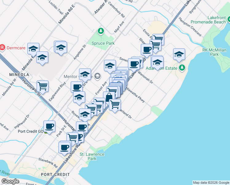 map of restaurants, bars, coffee shops, grocery stores, and more near in Mississauga
