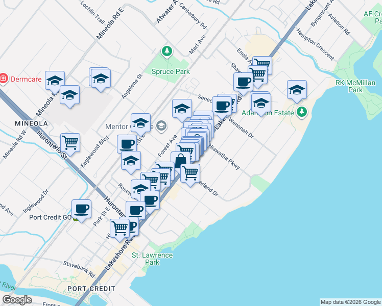 map of restaurants, bars, coffee shops, grocery stores, and more near 258 Lakeshore Road East in Mississauga