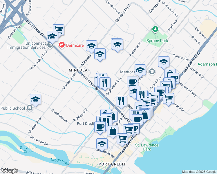 map of restaurants, bars, coffee shops, grocery stores, and more near in Mississauga
