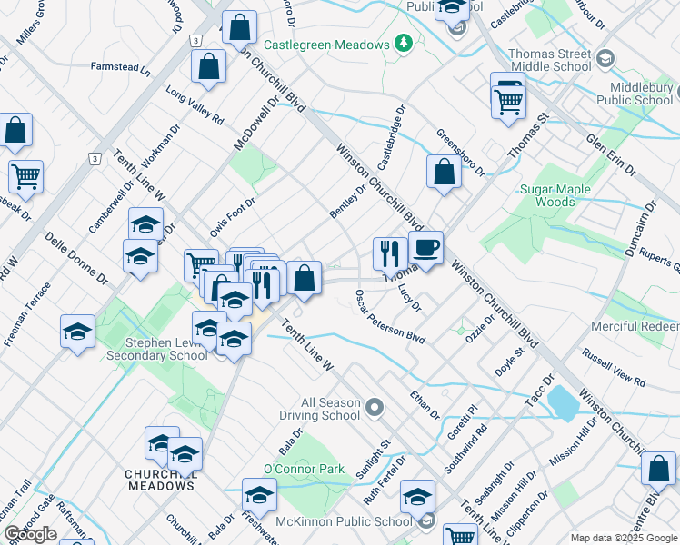 map of restaurants, bars, coffee shops, grocery stores, and more near 3235 Thomas Street in Mississauga