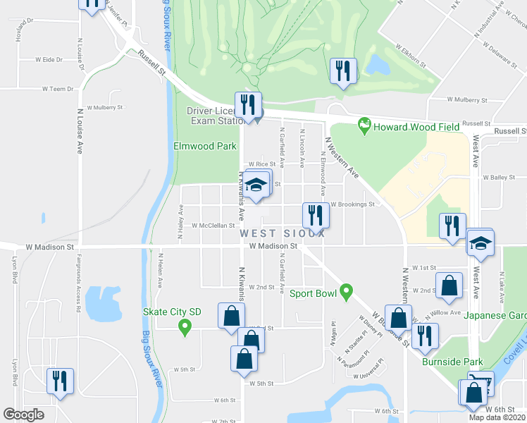 map of restaurants, bars, coffee shops, grocery stores, and more near 2511 West Brookings Street in Sioux Falls