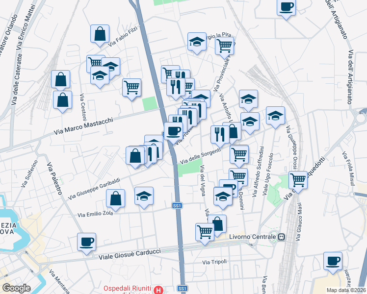 map of restaurants, bars, coffee shops, grocery stores, and more near 19 Via San Matteo in Livorno