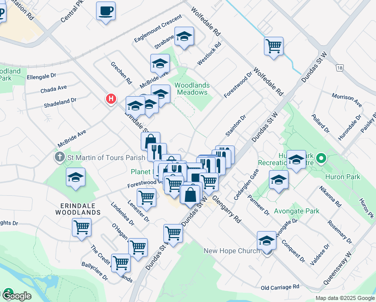 map of restaurants, bars, coffee shops, grocery stores, and more near Forestwood Drive in Mississauga