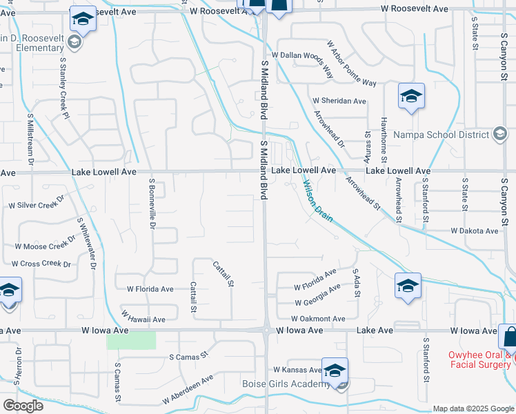 map of restaurants, bars, coffee shops, grocery stores, and more near 916 Aspen Grove Street in Nampa