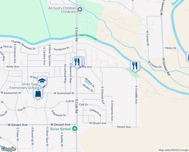 map of restaurants, bars, coffee shops, grocery stores, and more near 4701 South Cochees Avenue in Boise