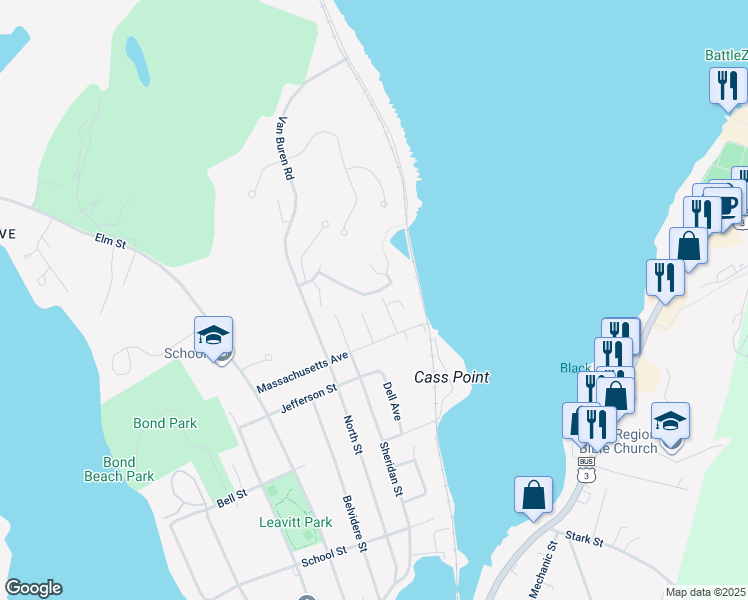 map of restaurants, bars, coffee shops, grocery stores, and more near 36 Brittany Lane in Laconia