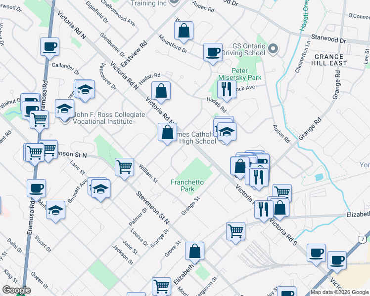 map of restaurants, bars, coffee shops, grocery stores, and more near 29 Delmar Boulevard in Guelph