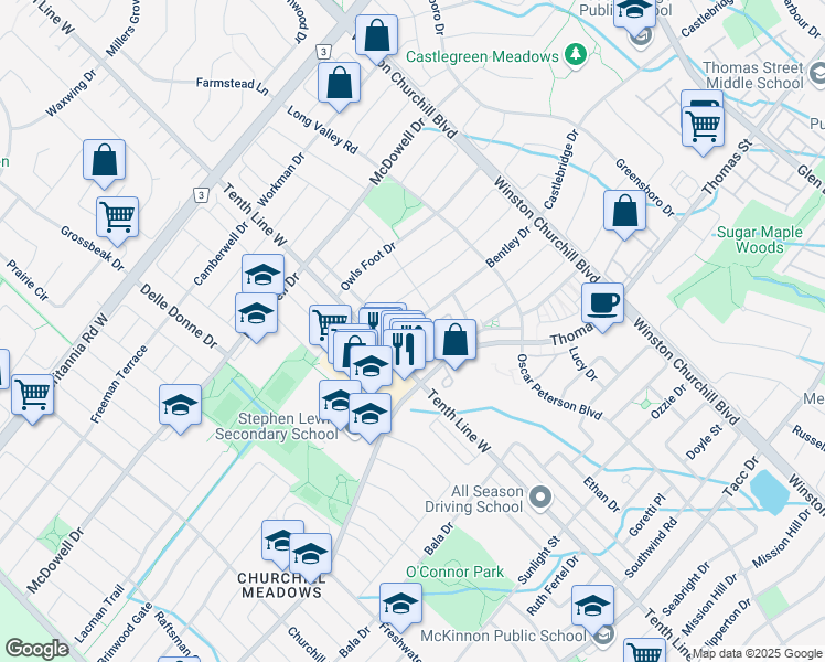 map of restaurants, bars, coffee shops, grocery stores, and more near 3200 Bentley Drive in Mississauga