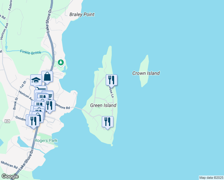 map of restaurants, bars, coffee shops, grocery stores, and more near Sagamore Road in Bolton Landing