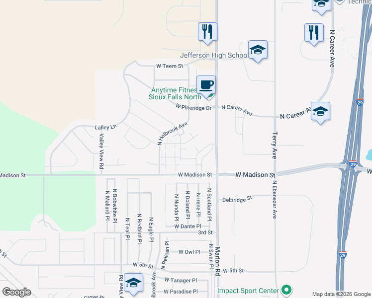 map of restaurants, bars, coffee shops, grocery stores, and more near 5300 West Sourwood Place in Sioux Falls