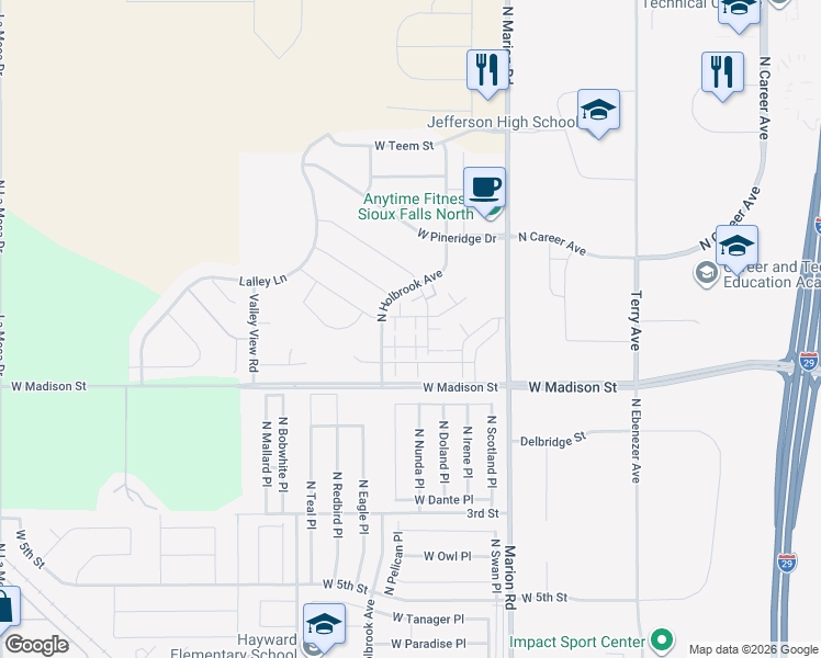 map of restaurants, bars, coffee shops, grocery stores, and more near 1215 North Pekin Place in Sioux Falls