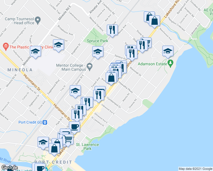 map of restaurants, bars, coffee shops, grocery stores, and more near in Mississauga