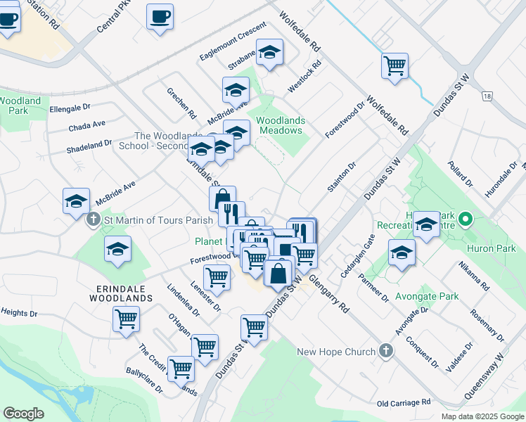 map of restaurants, bars, coffee shops, grocery stores, and more near 1055 B Forestwood Drive in Mississauga