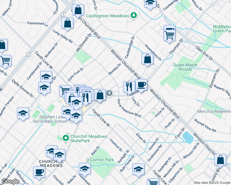 map of restaurants, bars, coffee shops, grocery stores, and more near 3235 Thomas Street in Mississauga
