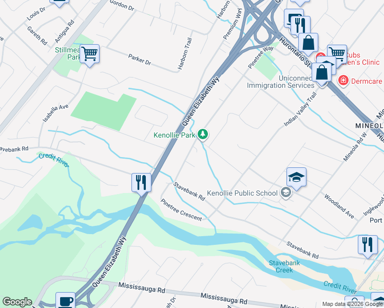 map of restaurants, bars, coffee shops, grocery stores, and more near 322 Pinetree Way in Mississauga