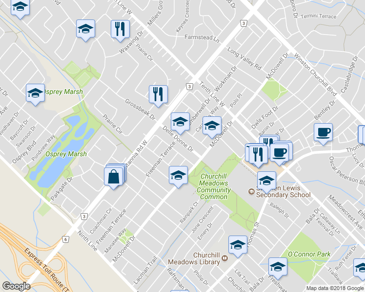 map of restaurants, bars, coffee shops, grocery stores, and more near 5882 Delle Donne Drive in Mississauga