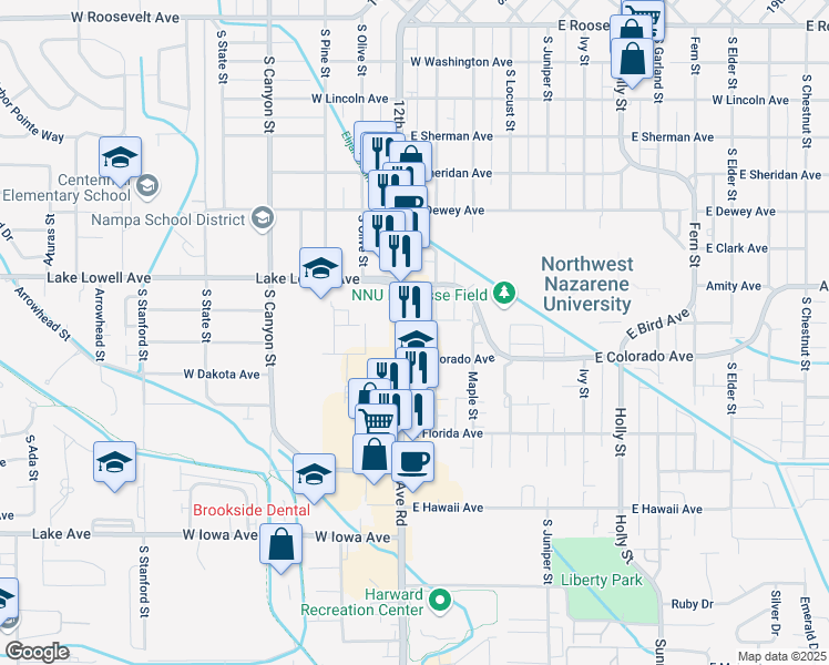map of restaurants, bars, coffee shops, grocery stores, and more near 906 Idaho 45 in Nampa