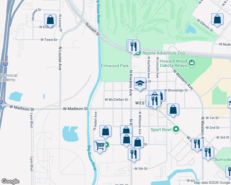 map of restaurants, bars, coffee shops, grocery stores, and more near 2709 West Brookings Street in Sioux Falls