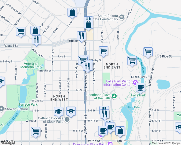 map of restaurants, bars, coffee shops, grocery stores, and more near 1027 North Dakota Avenue in Sioux Falls