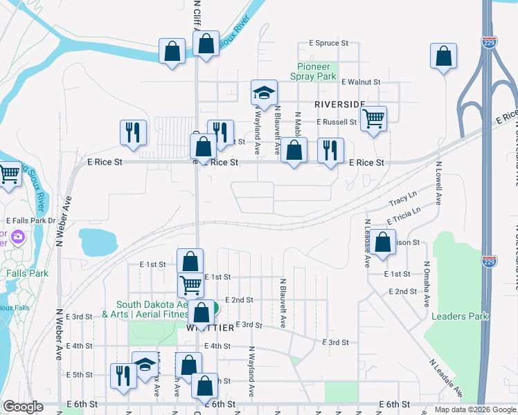 map of restaurants, bars, coffee shops, grocery stores, and more near 1400 East Iris Place in Sioux Falls