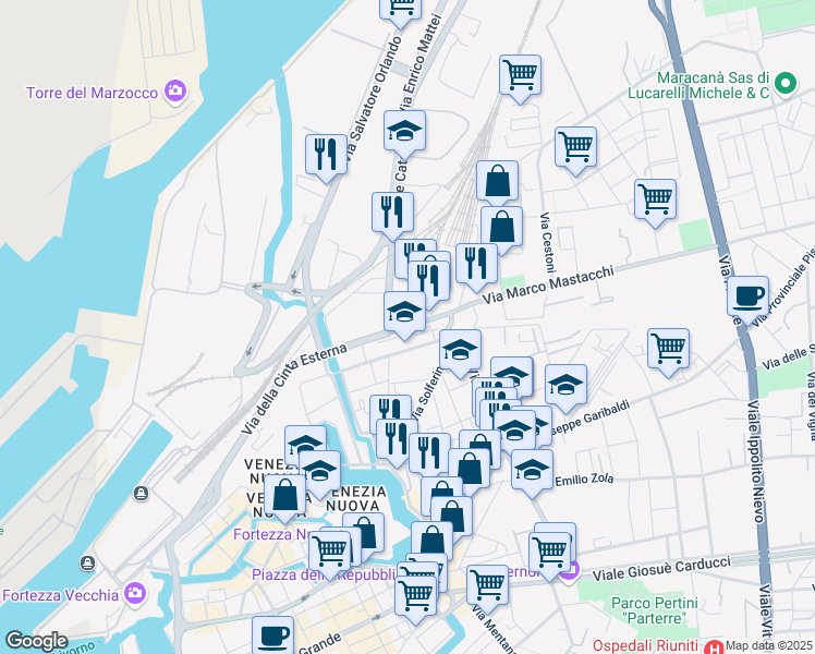 map of restaurants, bars, coffee shops, grocery stores, and more near 4 Via delle Cateratte in Livorno