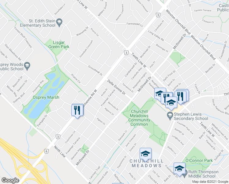 map of restaurants, bars, coffee shops, grocery stores, and more near 3640 Freeman Terrace in Mississauga