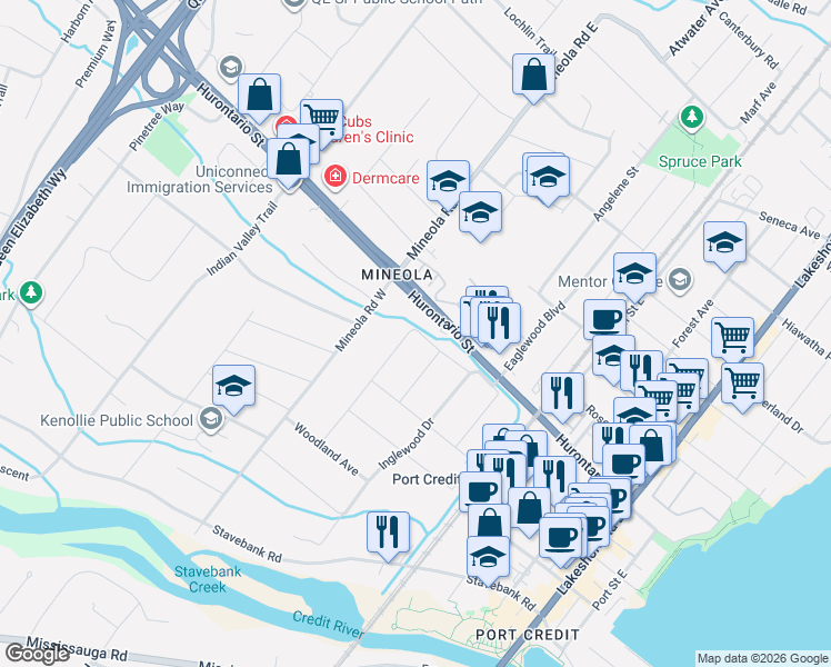 map of restaurants, bars, coffee shops, grocery stores, and more near 36 Veronica Drive in Mississauga