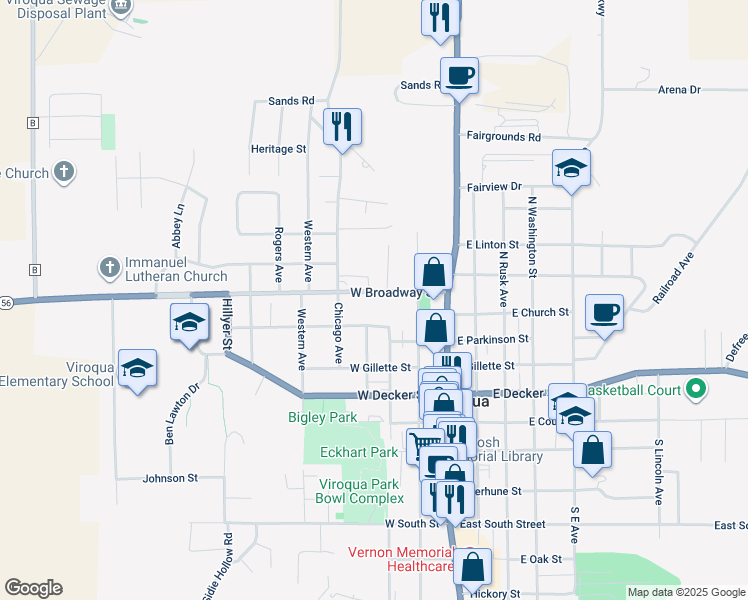 map of restaurants, bars, coffee shops, grocery stores, and more near 305 West Broadway Street in Viroqua