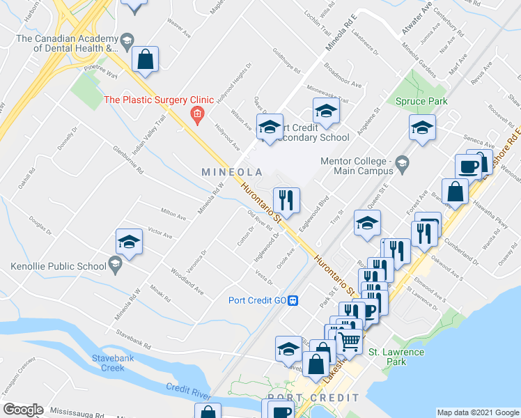 map of restaurants, bars, coffee shops, grocery stores, and more near 1252 Hurontario Street in Mississauga