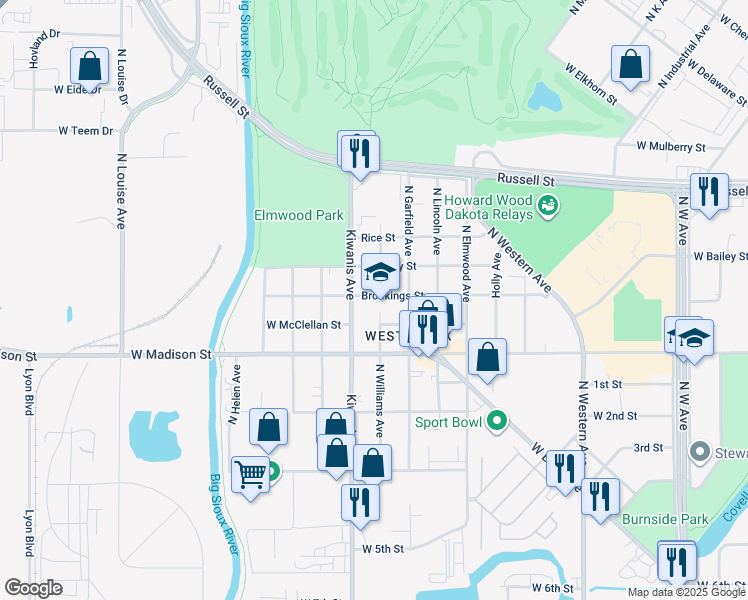 map of restaurants, bars, coffee shops, grocery stores, and more near 2511 West Brookings Street in Sioux Falls