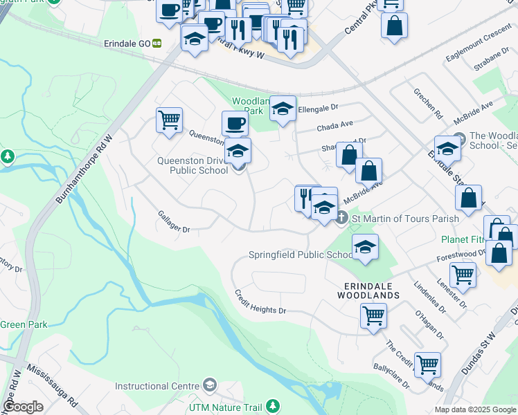 map of restaurants, bars, coffee shops, grocery stores, and more near 3443 Queenston Drive in Mississauga