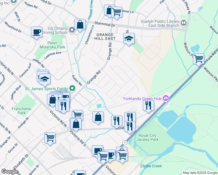 map of restaurants, bars, coffee shops, grocery stores, and more near 107 Cedarvale Avenue in Guelph