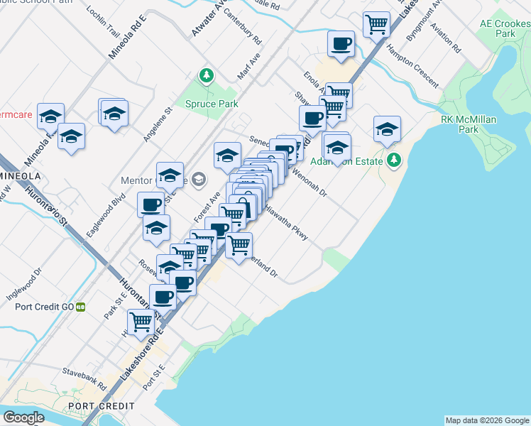 map of restaurants, bars, coffee shops, grocery stores, and more near 6 Hiawatha Parkway in Mississauga
