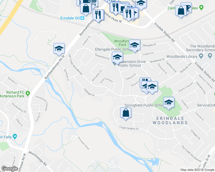 map of restaurants, bars, coffee shops, grocery stores, and more near 3469 The Credit Woodlands in Mississauga