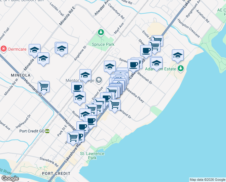 map of restaurants, bars, coffee shops, grocery stores, and more near 6 Brant Avenue in Mississauga
