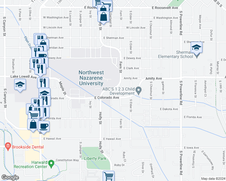 map of restaurants, bars, coffee shops, grocery stores, and more near 903 Fern Street in Nampa