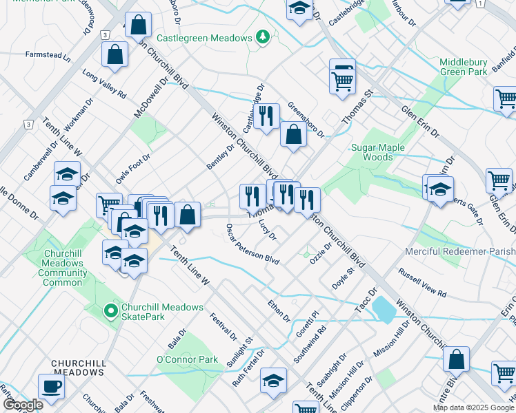 map of restaurants, bars, coffee shops, grocery stores, and more near 3055 Thomas Street in Mississauga