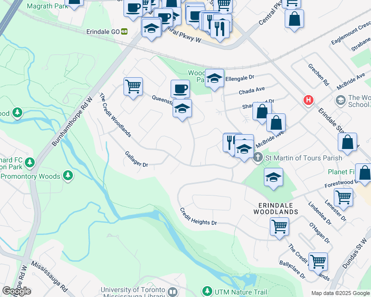 map of restaurants, bars, coffee shops, grocery stores, and more near 3463 Orion Crescent in Mississauga