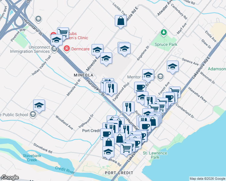 map of restaurants, bars, coffee shops, grocery stores, and more near 1214 Argreen Road in Mississauga