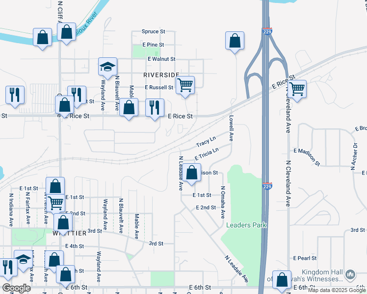 map of restaurants, bars, coffee shops, grocery stores, and more near 2000 Tracy Lane in Sioux Falls