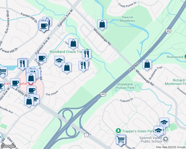 map of restaurants, bars, coffee shops, grocery stores, and more near 1944 Aldermead Road in Mississauga
