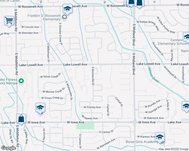 map of restaurants, bars, coffee shops, grocery stores, and more near 1544 West Bird Loop in Nampa