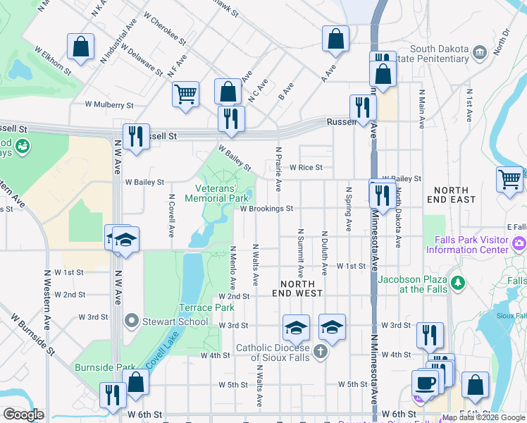 map of restaurants, bars, coffee shops, grocery stores, and more near 815 West Brookings Street in Sioux Falls