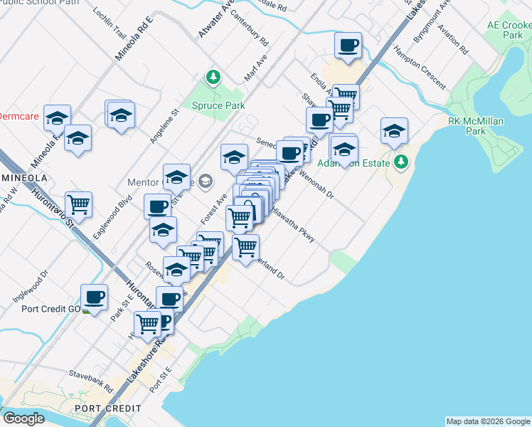 map of restaurants, bars, coffee shops, grocery stores, and more near 273 Lakeshore Road East in Mississauga