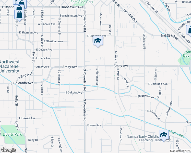 map of restaurants, bars, coffee shops, grocery stores, and more near 827 South Florence Street in Nampa
