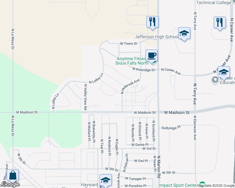 map of restaurants, bars, coffee shops, grocery stores, and more near 5701 Bream Court in Sioux Falls