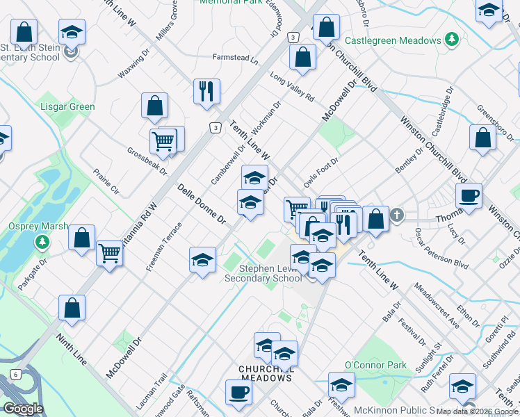 map of restaurants, bars, coffee shops, grocery stores, and more near 5860 Terrapark Trail in Mississauga