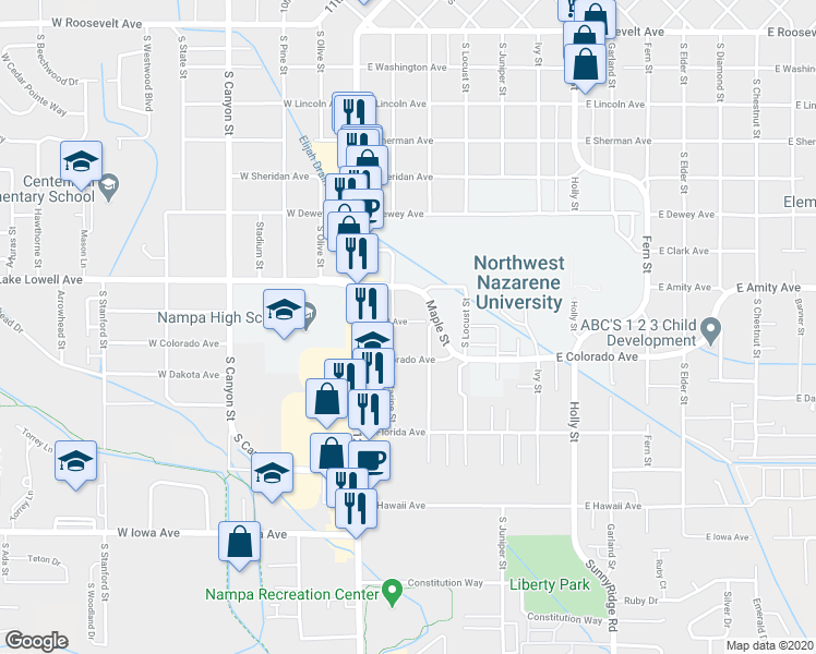 map of restaurants, bars, coffee shops, grocery stores, and more near 215 East Bird Avenue in Nampa