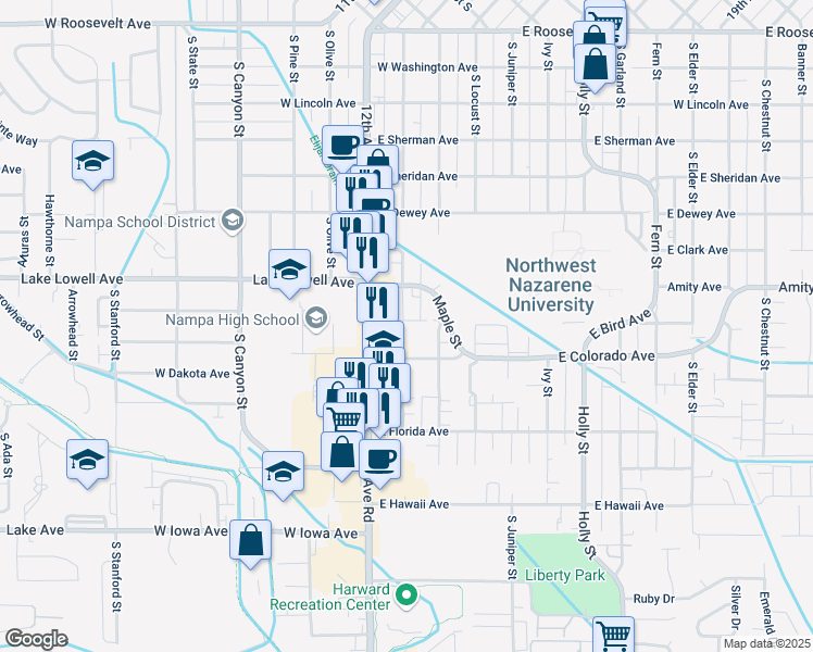 map of restaurants, bars, coffee shops, grocery stores, and more near 215 East Bird Avenue in Nampa